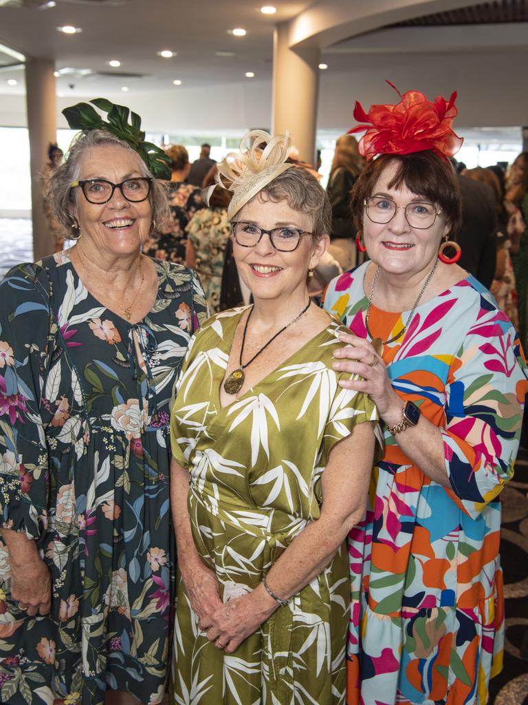 At the Melbourne Cup luncheon hosted by Rotary Club of Toowoomba City are (from left) Jan Romanowski, Judith Gibbins and Marcia Ruhle raising funds for Protea Place, Tuesday, November 1, 2022. Picture: Kevin Farmer