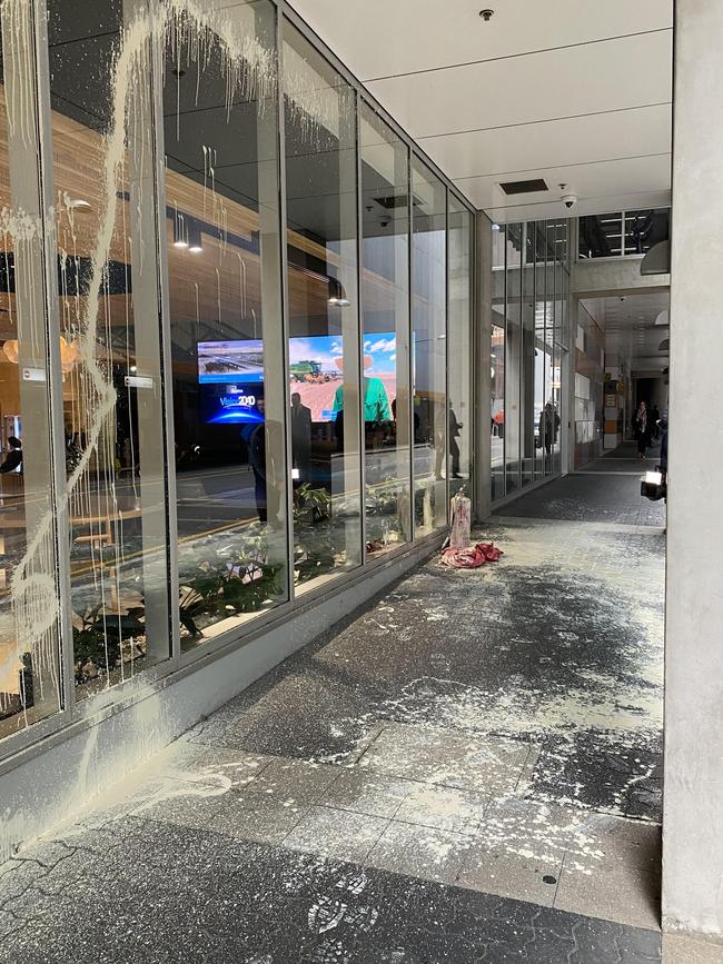 Vandalism caused by Extinction Rebellion protesters outside Santos building on Thursday morning. Picture: Agnes Gichuhi