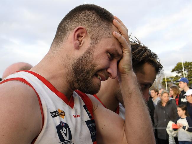 A dejected Mitch Hallahan after Sorrento’s one-point loss to Pines in last season’s grand final. Picture: Andy Brownbill