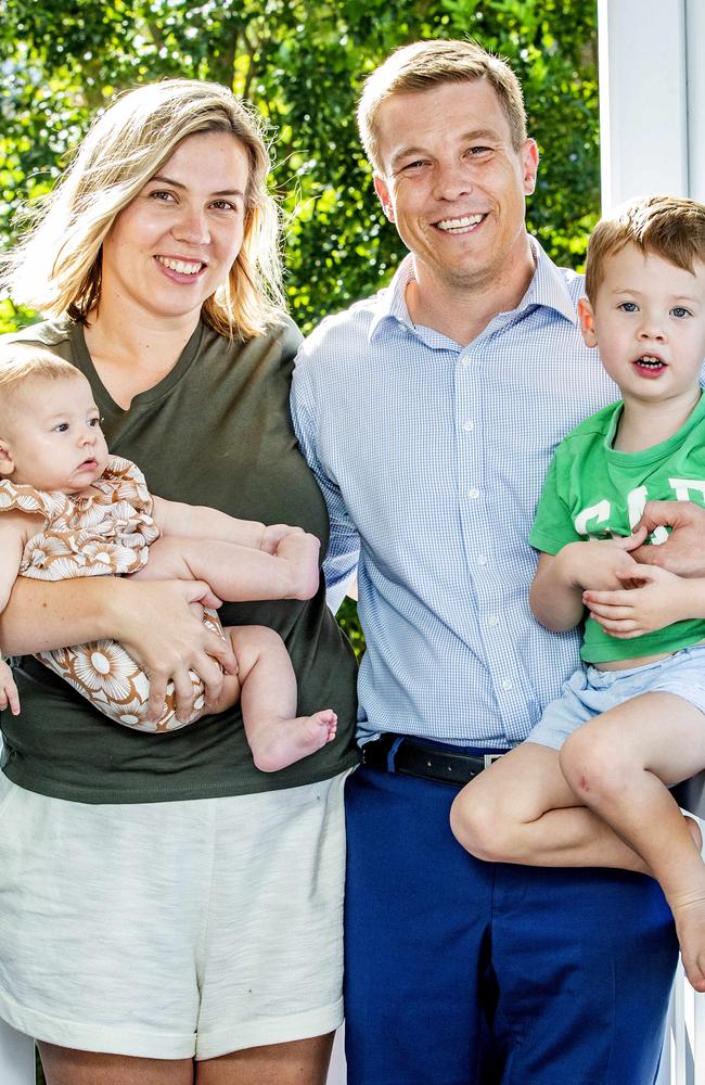 Federal Member for Ryan Julian Simmonds with wife Madeline, three-year-old Theodore and five-month-old Isabelle. Picture: Richard Walker