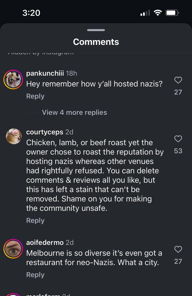 The restaurant has been accused of deleting comments and reviews referring to the neo-Nazi event. Picture: Instagram