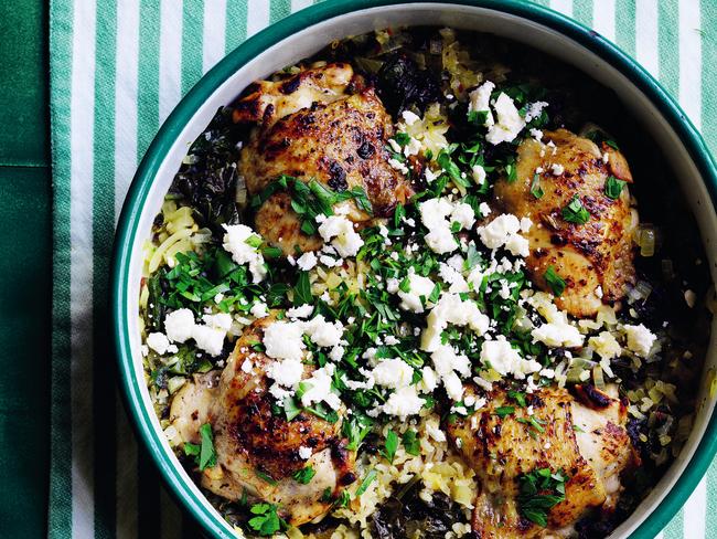 EMBARGO FOR TWAM, 26 OCTOBER 2024. FEE MAY APPLY. One-pan Greek chicken and rice. Everyday Eats, by Jasmin Weston, published by Plum, RRP $39.99, photography by Ben Dearnley