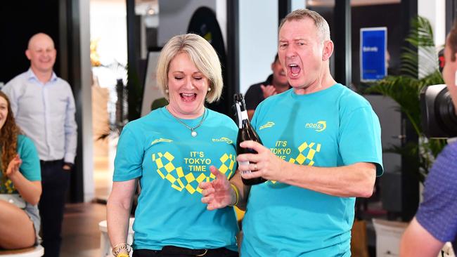 Steve and Robyn Titmus pop the champagne. Picture: Patrick Woods