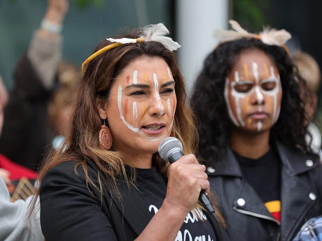 Greens Senator Lidia Thorpe addressed the crowd gathered outside court. Picture: Tamati Smith / Getty Images