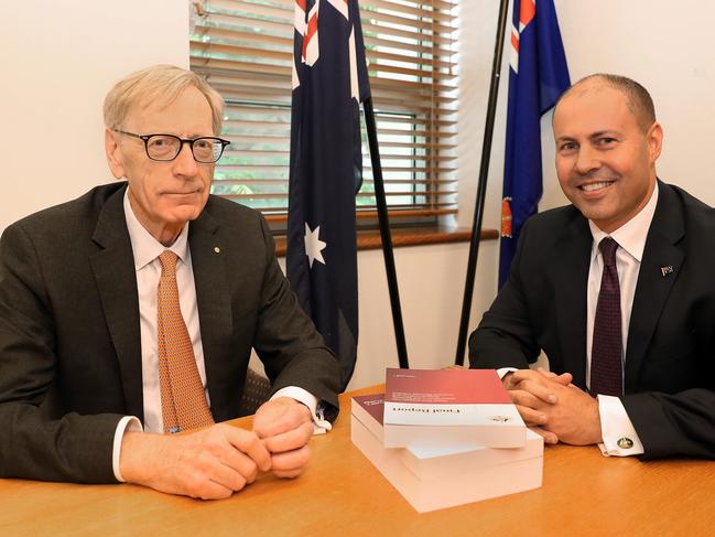 POOL PHOTOS FOR FAIRFAX AND AAP - PLEASE EMAIL ON -Commissioner Kenneth Hayne and Treasurer Josh Frydenberg with the final report from the Royal Commission into Misconduct in the Banking, Superannuation and Financial Services Industry, at Parliament House in Canberra. Picture Kym Smith