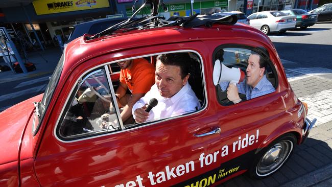 SA Best Leader Nick Xenophon campaigns at the Newton shopping centre during the 2018 election campaign.