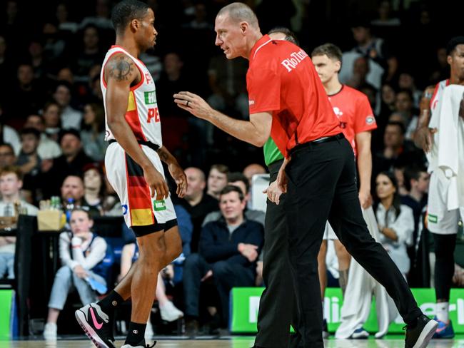 John Rillie speaks to Bryce Cotton during a match. Photo: Mark Brake/Getty Images