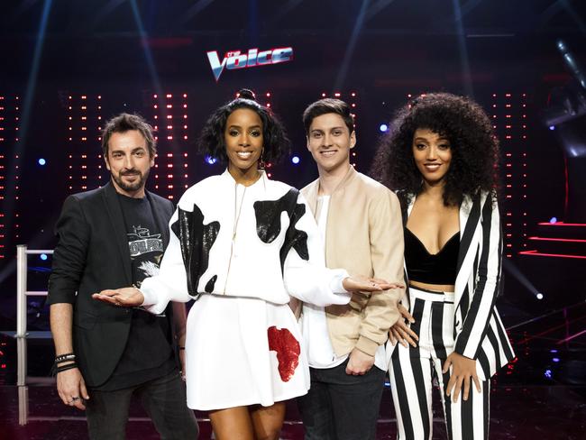 Kelly Rowland with her final three contestants. Picture: Channel 9