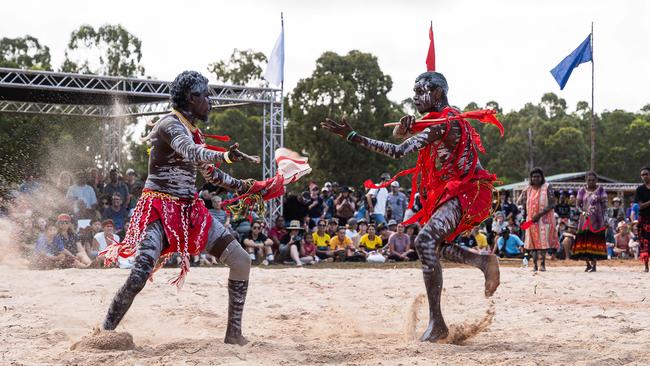 Numbulwar red flag dance at day one of Garma Festival on Friday August 2023. Picture: Pema Tamang Pakhrin