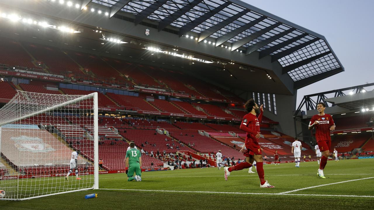 Liverpool's Mohamed Salah celebrates after scoring the second goal. (Phil Noble/Pool via AP)