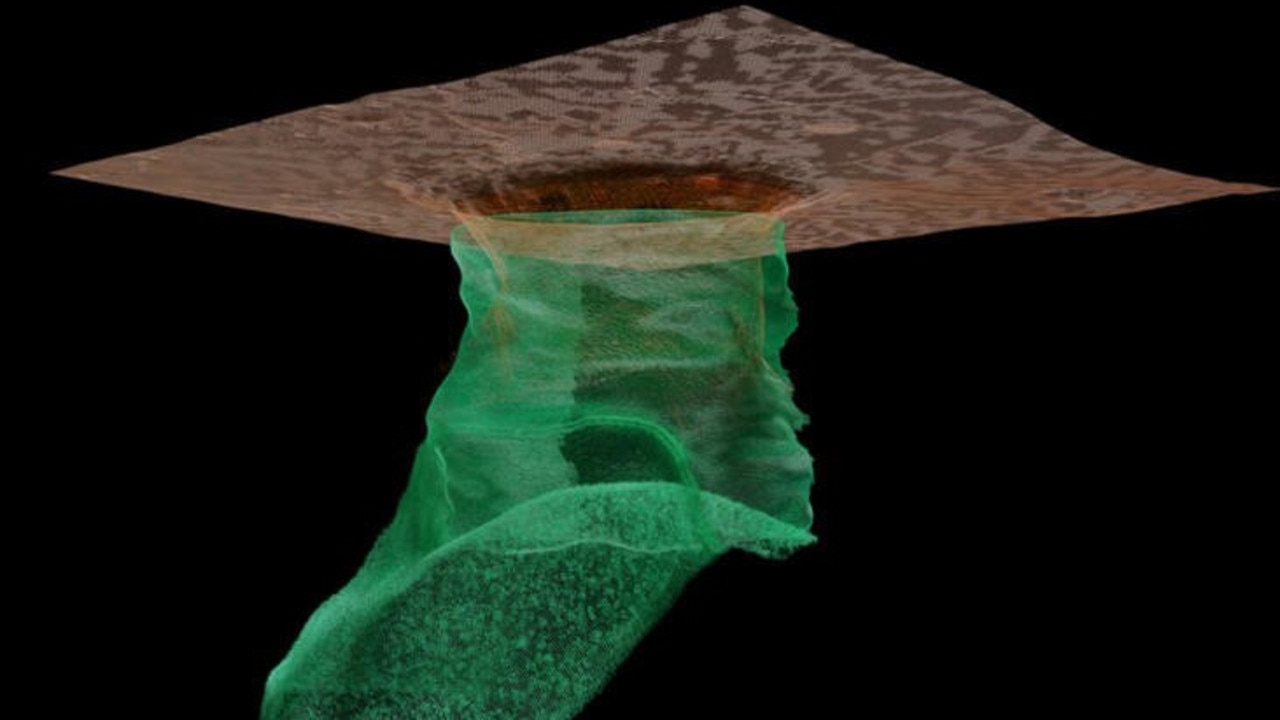 A 3D model of the accessible moon cave tunnel, which stretches beneath an open pit. Picture: University Of Trento/PA