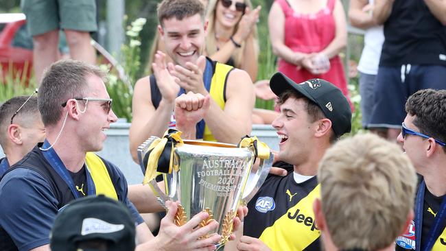 Richmond players at their hub location on the Gold Coast after winning the premiership.