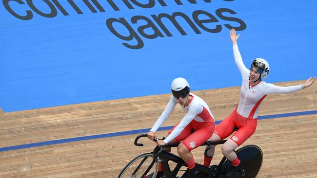 Sophie Unwin and Georgia Holt of Team England celebrate believing they had finished in the medals.