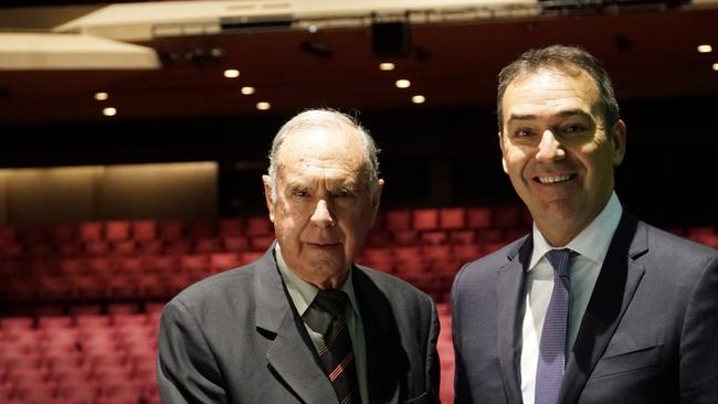 Former premier Steele Hall (left) with Premier Steven Marshall at the Adelaide Festival Centre for a 90th birthday lunch for Mr Hall. 