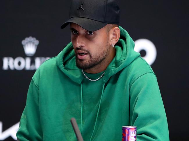 MELBOURNE, AUSTRALIA - JANUARY 14: Nick Kyrgios of Australia speaks during a press conference during a practice session ahead of the 2023 Australian Open at Melbourne Park on January 14, 2023 in Melbourne, Australia. (Photo by Kelly Defina/Getty Images)