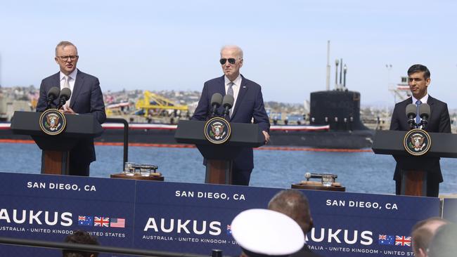 Prime Minister of Australia Anthony Albanese and the United Kingdom Rishi Sunak and U.S. President Joe Biden in San Diego. Picture: Sandy Huffaker for News Corp Australia