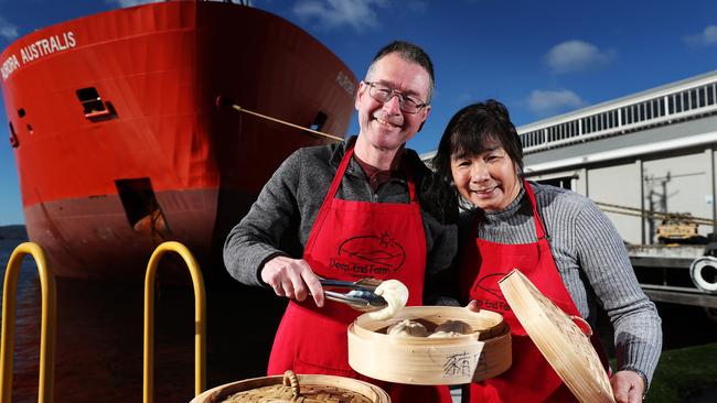 Dave and Cassandra Rolph of Deep End Farm at Geeveston with their Taiwanese steamed buns Bao Zi. Picture: NIKKI DAVIS-JONES