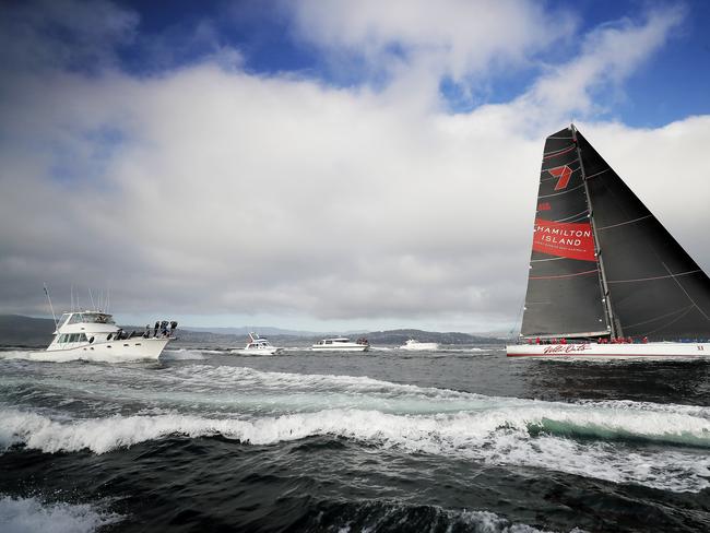 Wild Oats XI skippered by Mark Richards sails up the River Derwent on her way to a 9th line honours victory in the 2018 Sydney to Hobart Yacht Race. The yacht crossed the line in 1d 19hrs 7mins 21secs . Picture: RICHARD JUPE