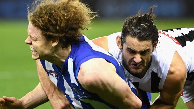 Did Brodie Grundy know he was putting Ben Brown in harm’s way? Picture: Getty Images