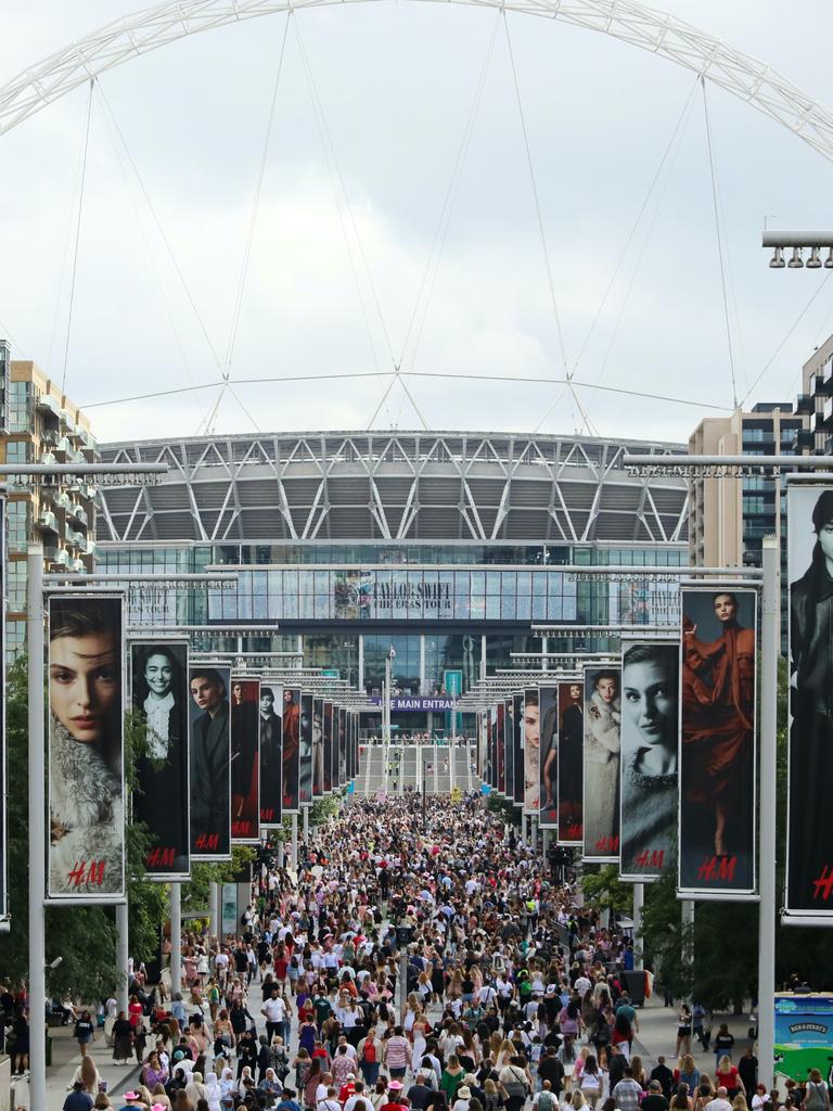 Swifties arrive at Wembley Stadium ahead of her performance. Picture: Getty Images