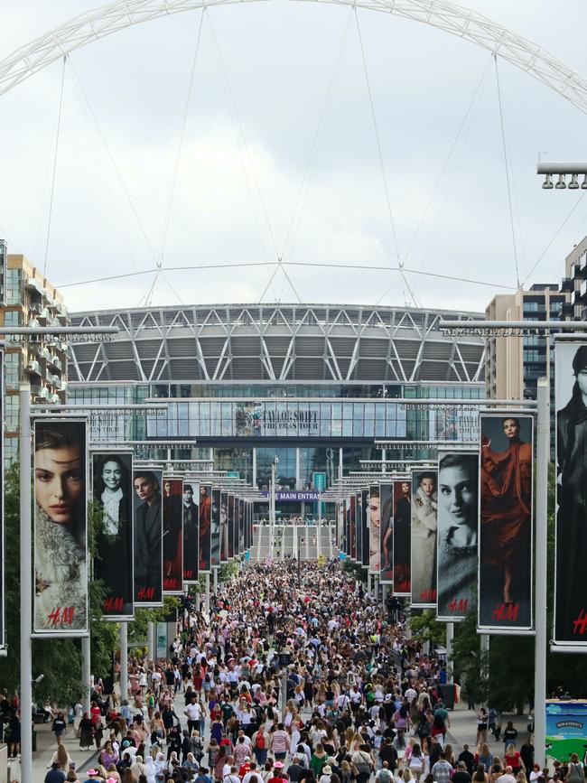 Swifties arrive at Wembley Stadium ahead of her performance. Picture: Getty Images