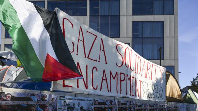 A sign at the pro-Palestine camp set up by students at the Australian National University in Canberra. Picture: Martin Ollman/NewsWire