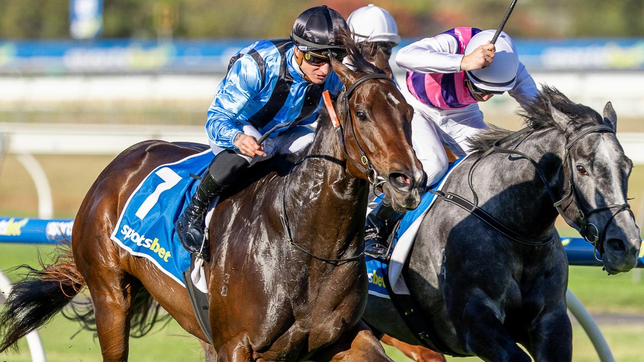 Asfoora, ridden by Mitch Aitken, wins the Group 3 Irwin Stakes at Morphettville on Saturday. Picture: Makoto Kaneko