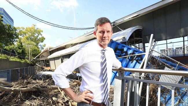 Transport and Main Roads Minister Mark Bailey at the wrecked restaurant. Picture: Adam Head