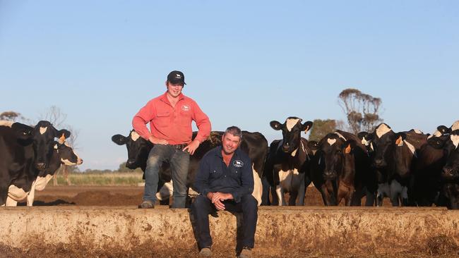 Dairy farmer Matt Glowrey, Swan Hill, with son Dallas, 19, and family milk 1900 cows on 570ha at Swan Hill. Picture: Yuri Kouzmin