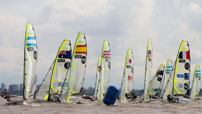 World 49ers Skiff Sailing Championships in Argentina. Sailors are being forced to sail in very muddy brown water