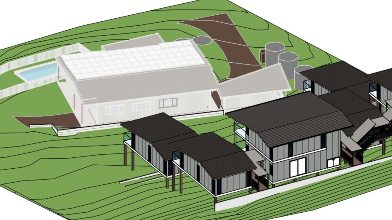 A concept image showing the existing house and the proposed new high-set units. The existing house is proposed to be kept, along with the current vegetation around the perimeter. Credit: MP Build.