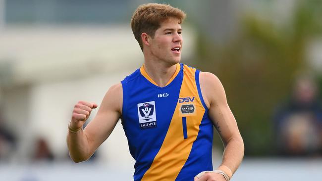 MELBOURNE, AUSTRALIA - APRIL 25: Corey Ellison of the Seagulls celebrates a goal during the 2024 VFL Round 05 match between Williamstown and Werribee at DSV Stadium on April 25, 2024 in Melbourne, Australia. (Photo by Morgan Hancock/AFL Photos)