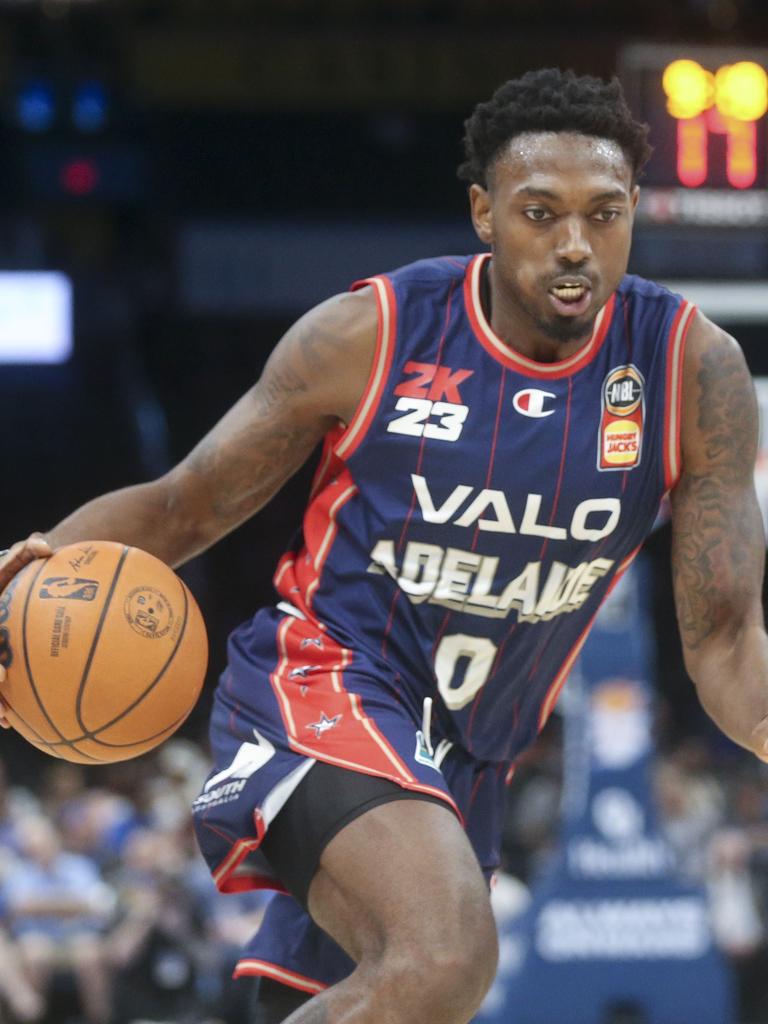 Robert Franks of the Adelaide 36ers NBL team with the VALO logo on his jersey. The company no longer sponsors the team. Picture: Getty Images