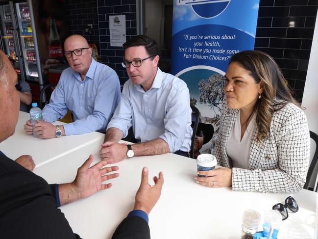 Peter Dutton, left, Nationals leader David Littleproud and Senator Jacinta Nampijinpa Price make the No case in country NSW. Picture - Chris Pavlich/The Australian