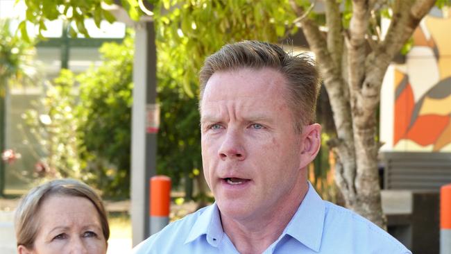 Youth Justice Minister Di Farmer, left, and Department of Children, Youth Justice and Multicultural Affairs senior executive director Michael Drane speaking at the Cleveland Youth Detention Centre on June 8, 2023. Picture: Blair Jackson