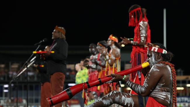 Ceremony and dancing for the opening of Indigenous Round at TIO Stadium in Darwin. (Photo by James Wiltshire/AFL Photos via Getty Images)