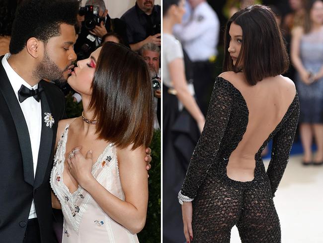 The Weeknd, Selena Gomez and Bella Hadid at the Met Gala. Picture: Getty