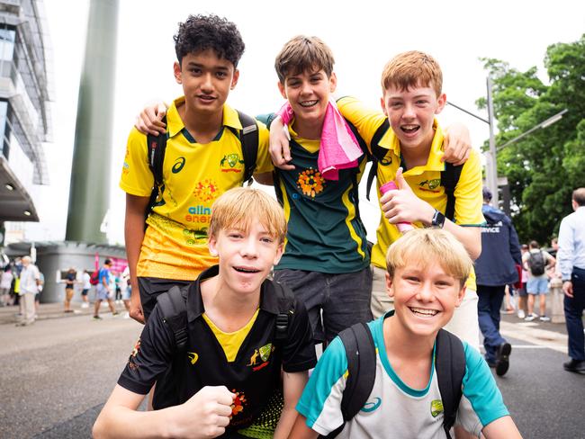 Charlie Woods, Neil Kongot, Jack Wilkin, Toby Hunt and Harrison Jeffs at the SCG before the start of play on Day 1. Photo: Tom Parrish