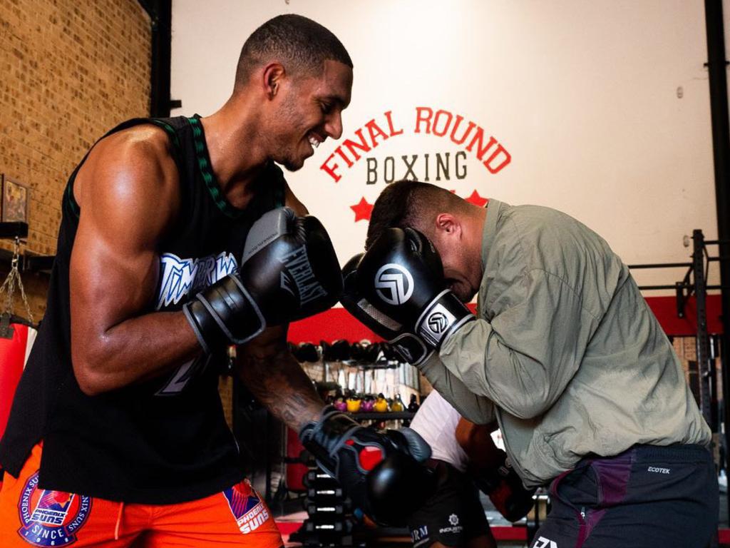 Jason Saab training with Sea Eagles teammate Josh Schuster at Final Round Gym. Picture: Supplied