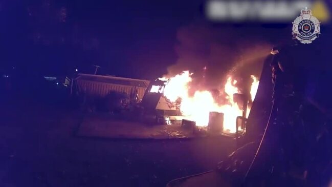 Video shows the moment a caravan was destroyed by a fire