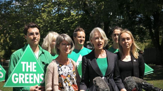 Greens leader Rosalie Woodruff with candidates for the next Tasmanian election Cecily Rosol and Tabatha Badger. Picture: Stephanie Dalton