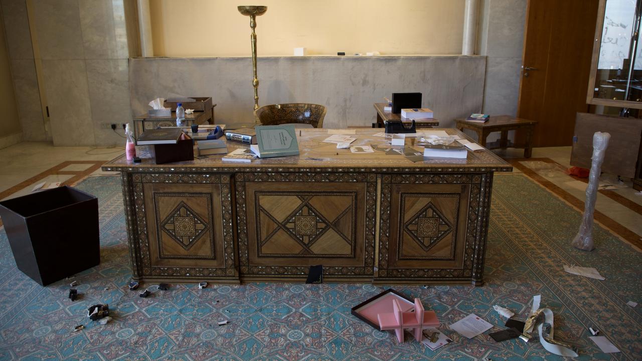 A trashed office is littered with debris inside the Presidential Palace. Picture: Getty