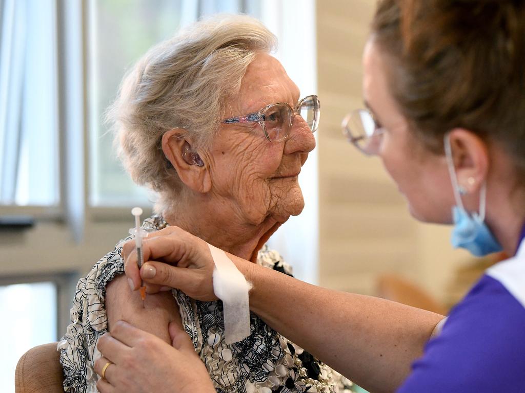 A residents receives the Pfizer COVID-19 vaccination at Uniting Banks Lodge Peakhurst Aged Care in Sydney. Picture: NCA NewsWire/Bianca De Marchi