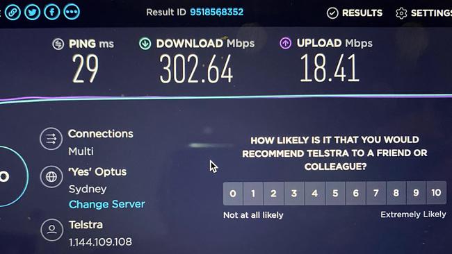 A measurement by speedtest.net on Telstra‘s 5G network using its 5G Wi-Fi Pro hotspot.