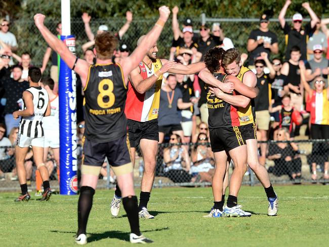 Goodwood players and supporters celebrate the Saints’ final goal. Picture: Mark Brake