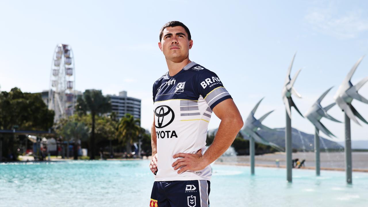 The North Queensland Cowboys have visited Cairns to launch their 30th anniversary jersey, which will be worn for the 2025 NRL season. North Queensland Cowboys player Jake Clifford launches the club's 30 year jersey at the Cairns Esplanade lagoon. Picture: Brendan Radke