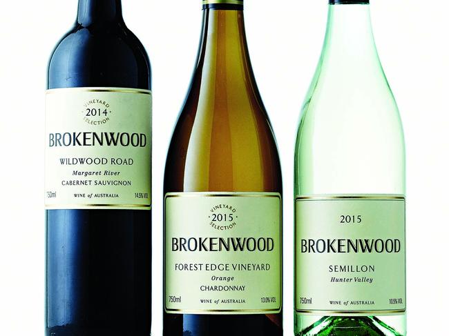 TWAM-20160903 EMBARGO FOR TWAM 3 SEP 2016 NO REUSE WITHOUT PERMISSION 2014 Brokenwood Wildwood Road Margaret River Cabernet Sauvignon, 2015 Brokenwood Forest Edge Vineyard Orange Chardonnay, 2015 Brokenwood Hunter Semillon Pic : supplied