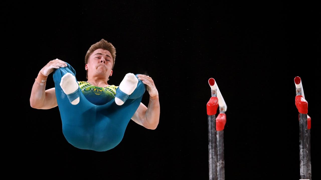 Jesse Moore on the parallel bars. Picture: Laurence Griffiths/Getty