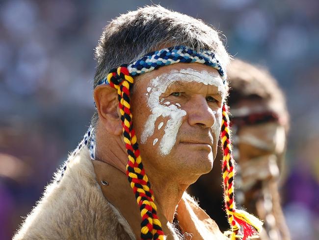 PERTH, AUSTRALIA - FEBRUARY 15: Welcome to Country is performed during the 2025 Toyota AFL Indigenous All Stars match between the Indigenous All Stars and the Fremantle Dockers at Optus Stadium on February 15, 2025 in Perth, Australia. (Photo by Michael Willson/AFL Photos via Getty Images)