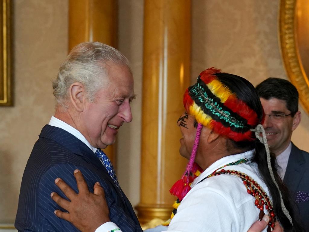 King Charles III receives the indigenous elder Uyunkar Domingo Peas, spokesman for the Sacred Headwaters of the Amazon, during an audience at Buckingham Palace. Picture: Getty